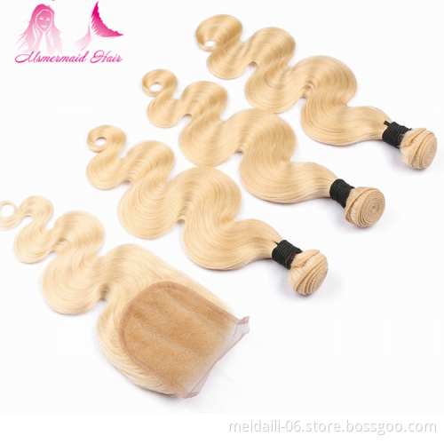 high quality virgin malaysian hair color 613 blonde body wave hair 3 bundles with 4*4 lace closure